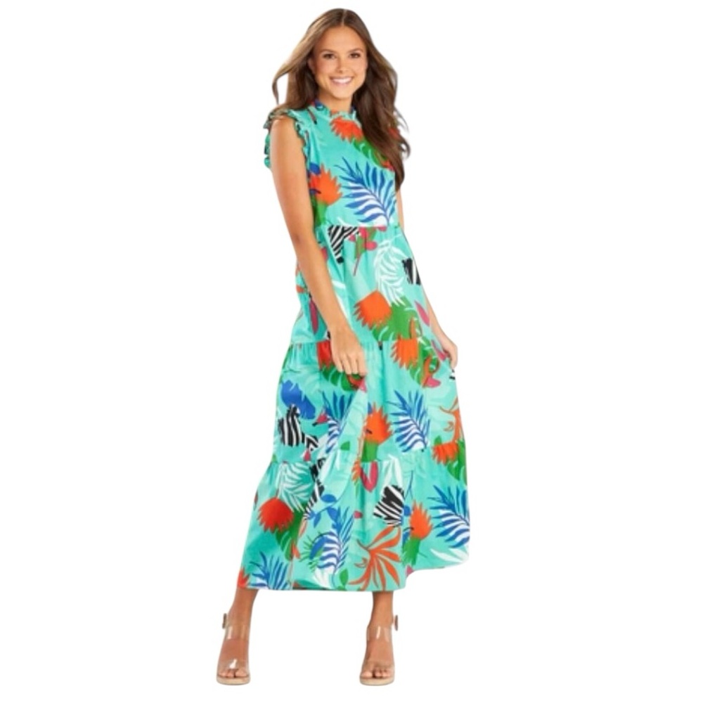 NWT Mud Pie Tropical Maxi Dress in Aqua with Orange, Blue, Green & White Print